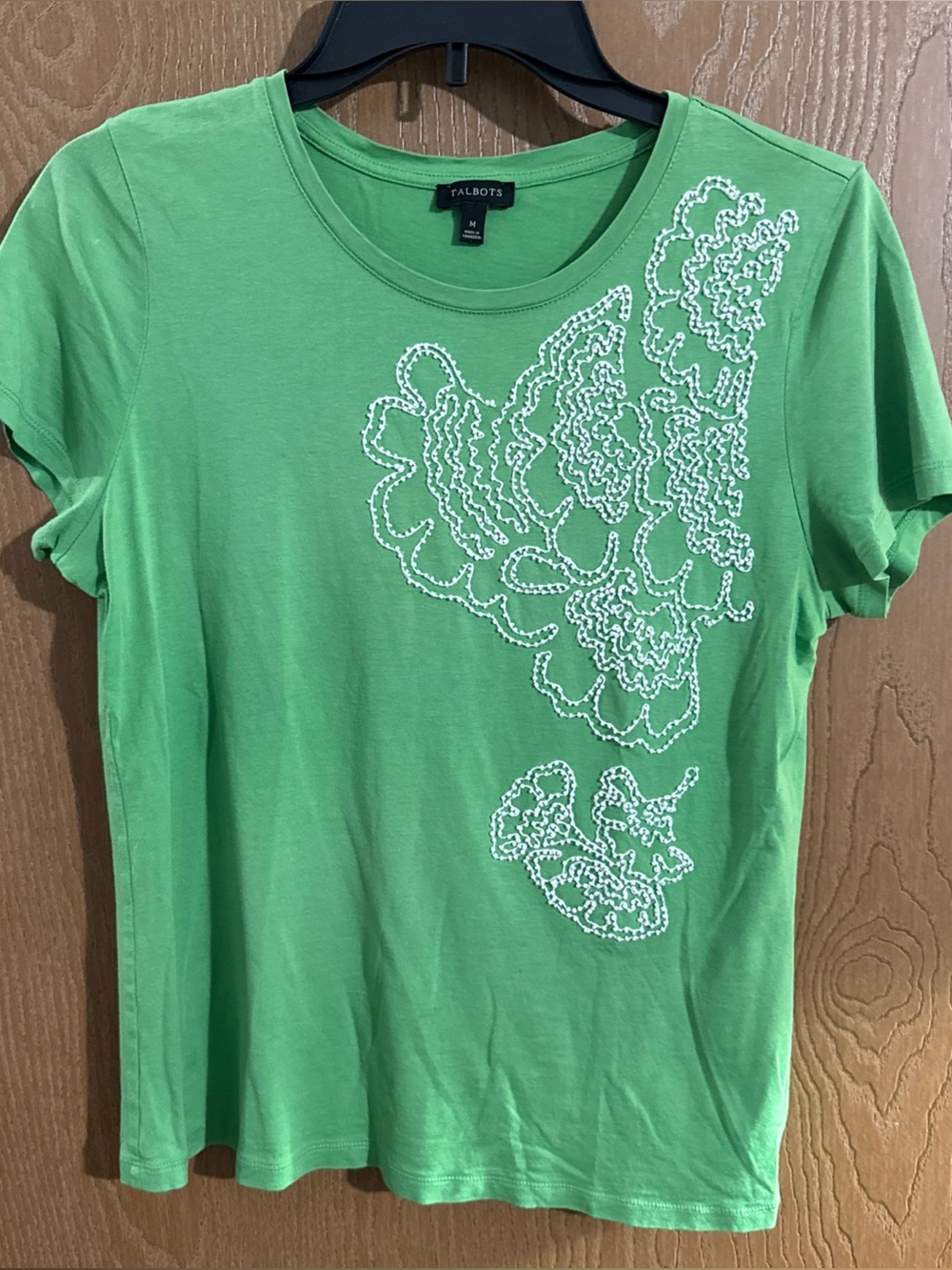 Talbots Womens T-Shirt Green White Short Sleeve Round Neck Beaded Embroidered M